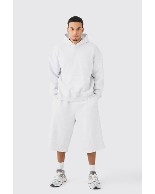 BoohooMAN White Oversized Hoodie And Long Line Shorts Set for men