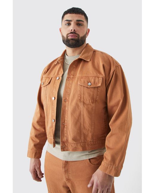 BoohooMAN Brown Plus Boxy Fit Overdyed Jean Jacket for men
