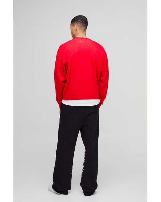 BoohooMAN Red Oversized Boxy Drop Shoulder Spliced Skeleton Printed Knitted Cardigan for men