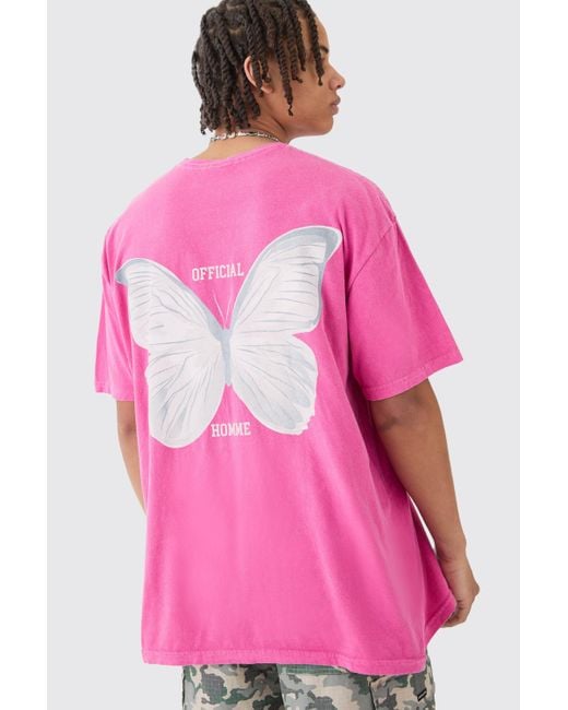 BoohooMAN Oversized Extended Neck Butterfly Print Wash T-shirt in Pink für Herren
