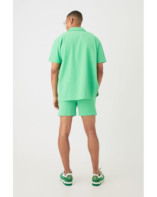 BoohooMAN Green Short Sleeve Oversized Lightweight Pleat Shirt & Short Set for men