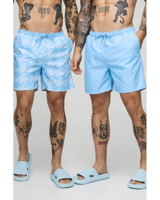 BoohooMAN Blue 2 Pack Houndstooth And Plain Mid Length Swim Short for men