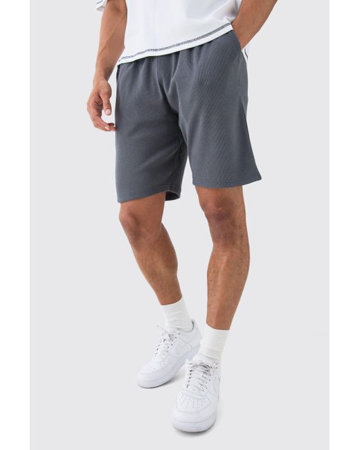BoohooMAN Loose Fit Mid Length Heavyweight Ribbed Shorts in Blue für Herren