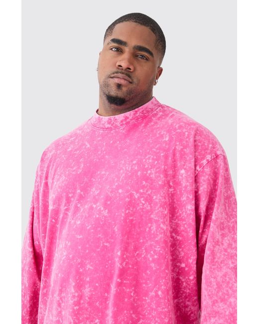 BoohooMAN Plus Oversized Extended Neck Acid Wash Long Sleeve T-shirt in Pink für Herren