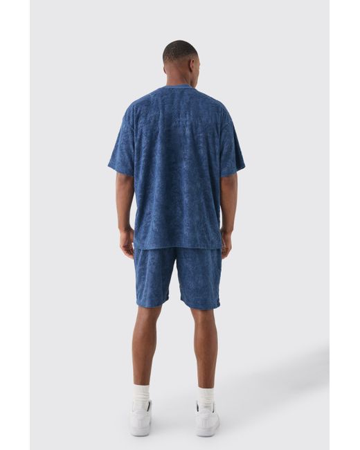 BoohooMAN Blue Oversized Burnout Towelling Jacquard T-shirt & Short Set for men