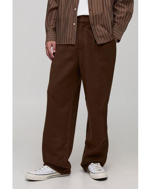BoohooMAN Men's Brown Straight Let Melton Half Fixed Waist Pants - Main Image