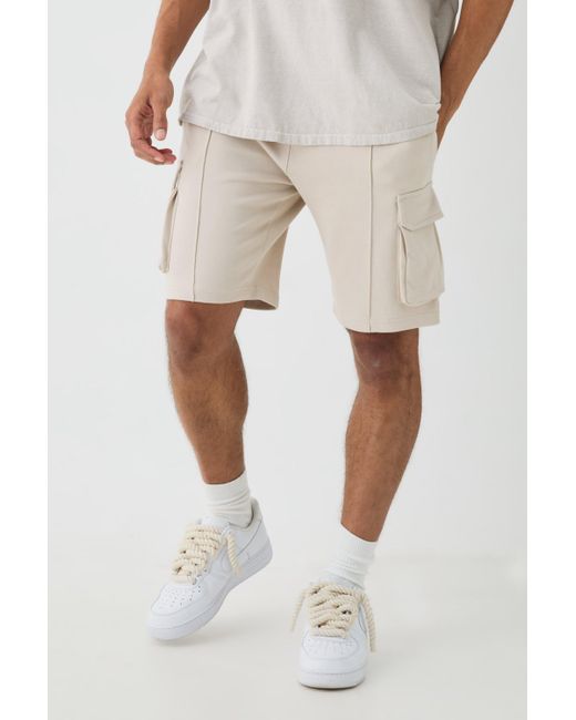 BoohooMAN Natural Slim Fit Interlock Pintuck Detail Cargo Shorts for men