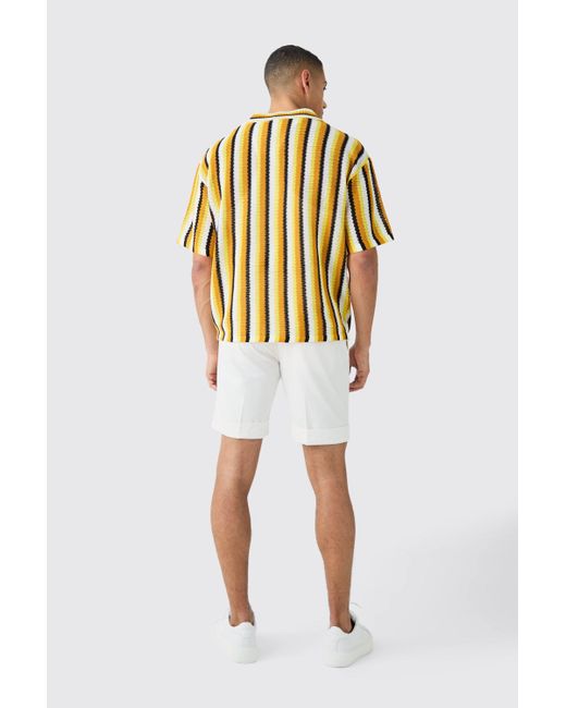 BoohooMAN Oversized Boxy Open Stitch Stripe Knit Polo In Yellow for men