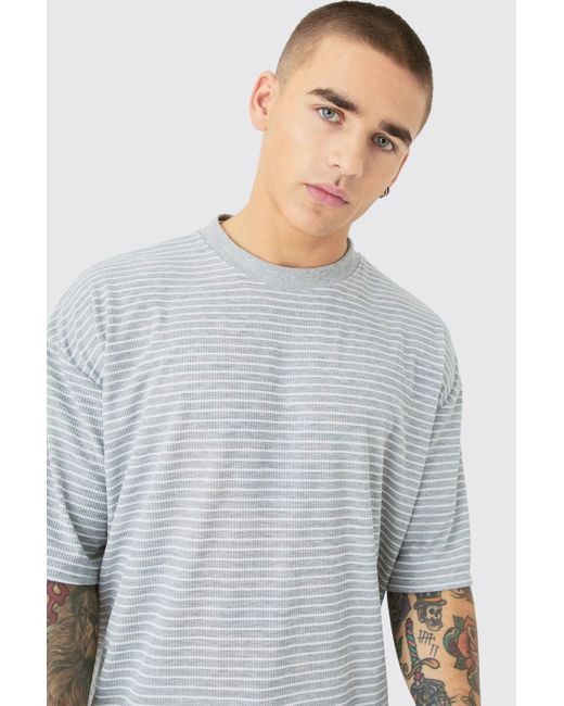 BoohooMAN Gray Boxy Stripe Rib T-shirt for men