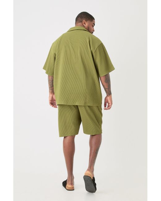 Boohoo Green Plus Drop Revere Pleated Shirt & Short Set In Khaki