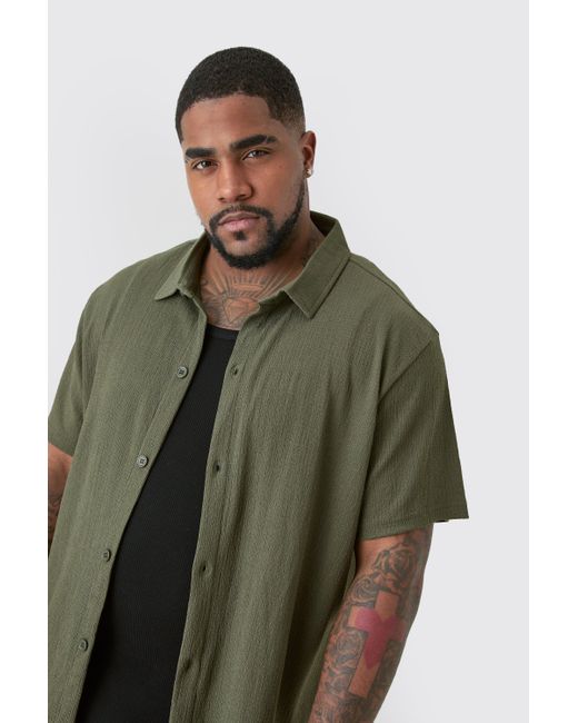 BoohooMAN Plus Short Sleeve Regular Textured Shirt In Khaki in Green für Herren