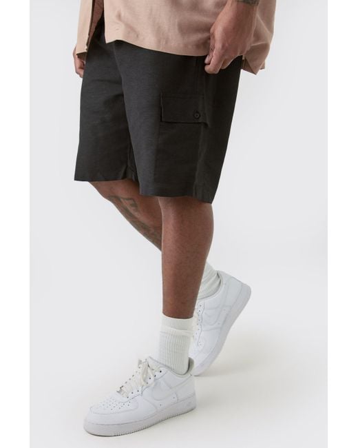 BoohooMAN Plus Elasticated Waist Relaxed Linen Cargo Shorts In Black für Herren