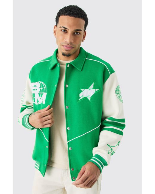BoohooMAN Green Oversized Embroidered Harrington Jersey Bomber Jacket for men