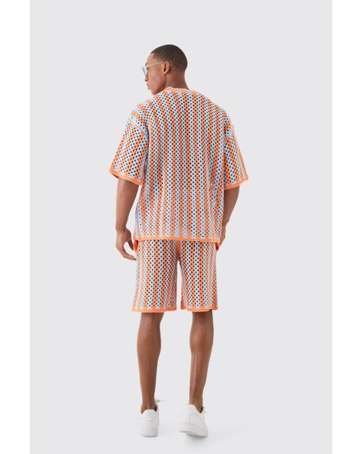 BoohooMAN Orange Relaxed Open Stitch Stripe Knitted Shorts for men