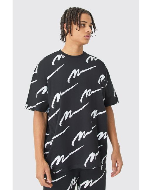 BoohooMAN Black Man Signature All Over Print Oversized T-shirt for men
