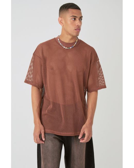 BoohooMAN Brown Oversized Open Mesh T-shirt for men