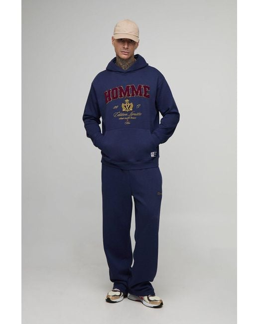 BoohooMAN Blue Tall Oversized Homme Varsity Applique Hooded Tracksuit for men