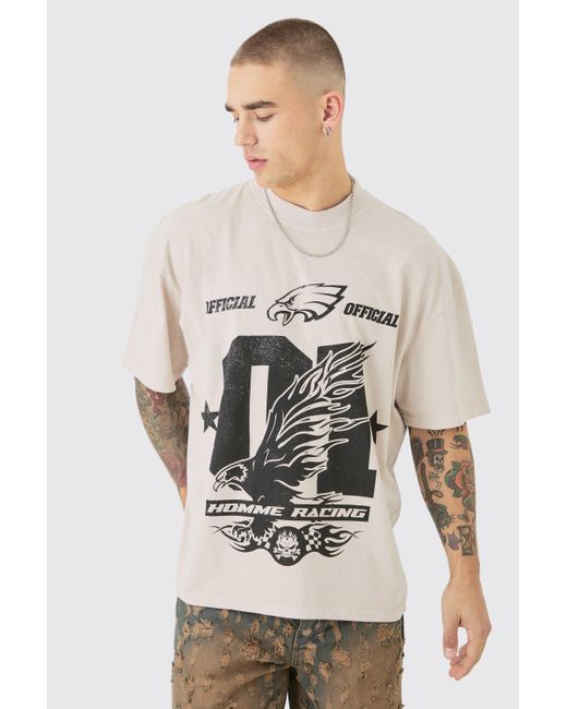 BoohooMAN Gray Oversized Washed Eagle Varsity T-shirt for men