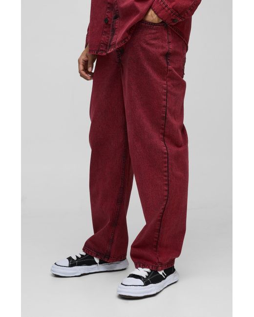 BoohooMAN Lockere Jeans mit Acid-Waschung in Red für Herren