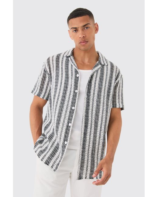 BoohooMAN White Short Sleeve Revere Oversized Open Knit Stripe Shirt for men