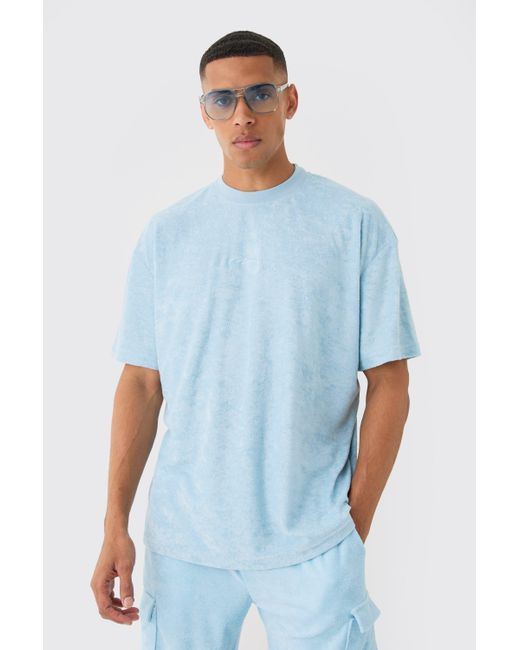 BoohooMAN Oversized Extended Neck Towelling Man Signature T-shirt in Blue für Herren