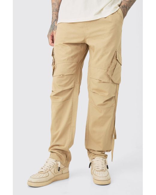 BoohooMAN Natural Tall Elasticated Waist Straight Washed Ripstop Cargo Pants for men