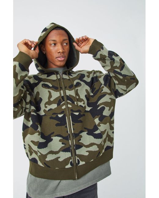 BoohooMAN Oversized Camo Knitted Zip Through Hoodie in Green for