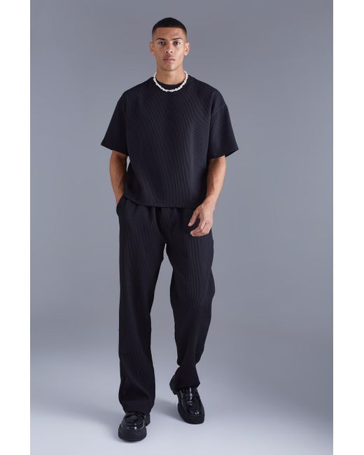 BoohooMAN Blue Pleated Oversized Boxy T-shirt & Elasticated Relaxed Trouser for men