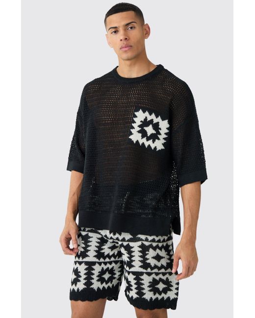 BoohooMAN Black Oversized Open Stitch Crochet Short Knitted Set for men