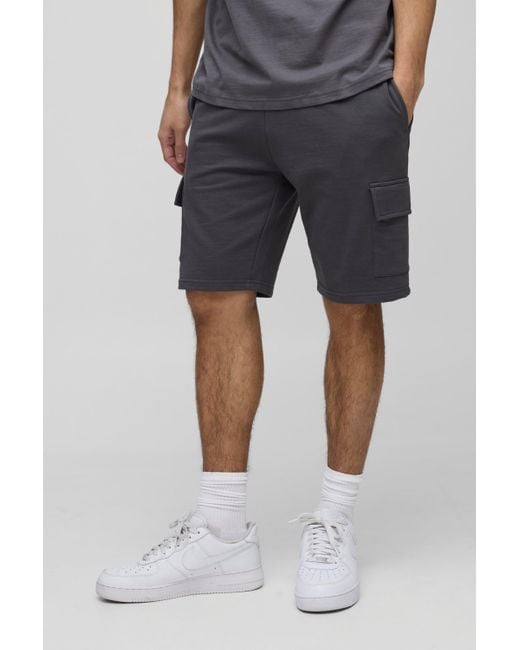 BoohooMAN Blue 260Gsm Loopback Basic Slim Fit Mid Length Cargo Shorts for men