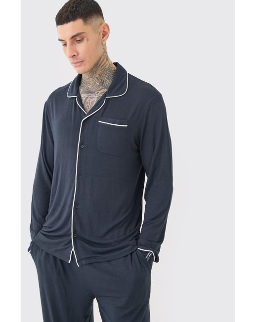 BoohooMAN Blue Tall Premium Modal Mix Relaxed Lounge Shirt & Bottom Set for men