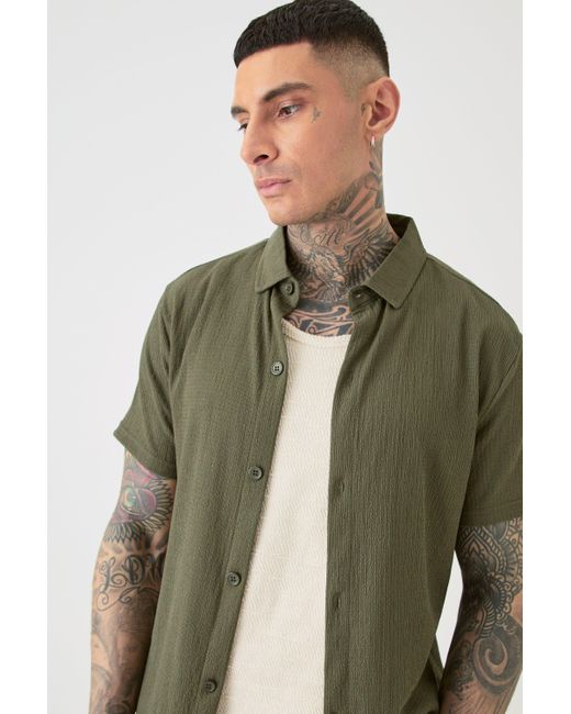BoohooMAN Tall Short Sleeve Regular Textured Shirt In Khaki in Green für Herren