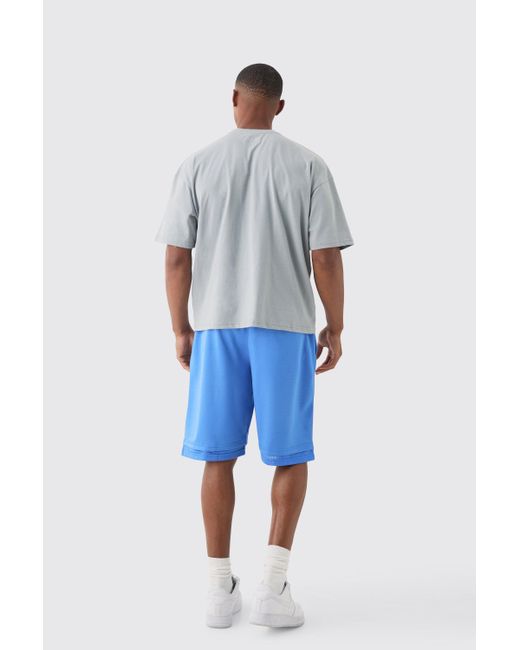 BoohooMAN Blue Loose Fit Bhm Satin Mesh Long Length Basketball Shorts for men