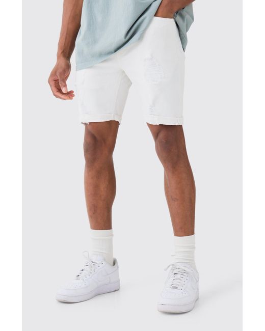 BoohooMAN Skinny Stretch Distressed Denim Shorts In White for men