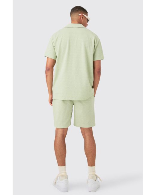 BoohooMAN Green Oversized Revere Geo Jacquard Shirt & Short Set for men
