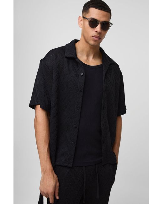 BoohooMAN Black Oversized Open Stitch Zig Zag Shirt for men