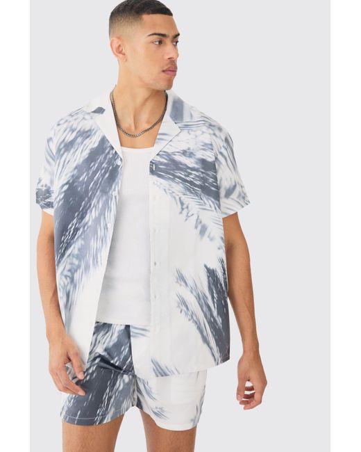 BoohooMAN Blue Oversized Satin Branch Print Shirt And Short for men