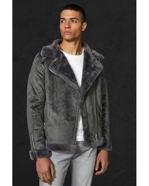 Boohooman Faux Fur Lined Suede Aviator, Mens Suede Fur Lined Coat