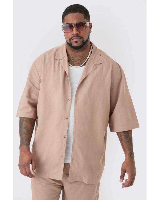 BoohooMAN Natural Plus Linen Oversized Revere Shirt In Taupe for men