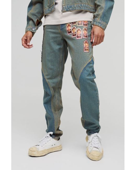 BoohooMAN Men's Blue Slim Stacked Gothic Applique Jeans