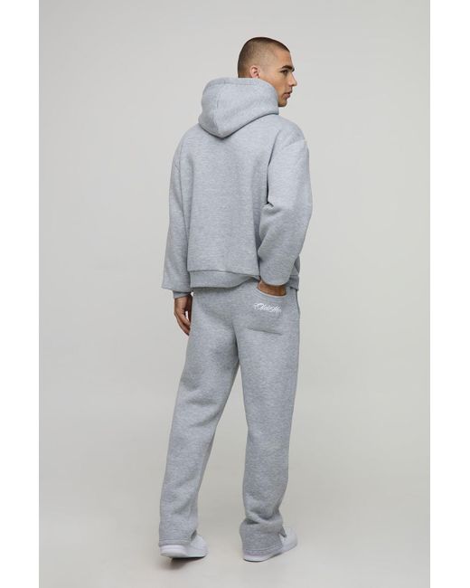 BoohooMAN Gray Oversized Boxy Worldwide Hoodie And Straight Leg Split Hem Jogger Tracksuit for men