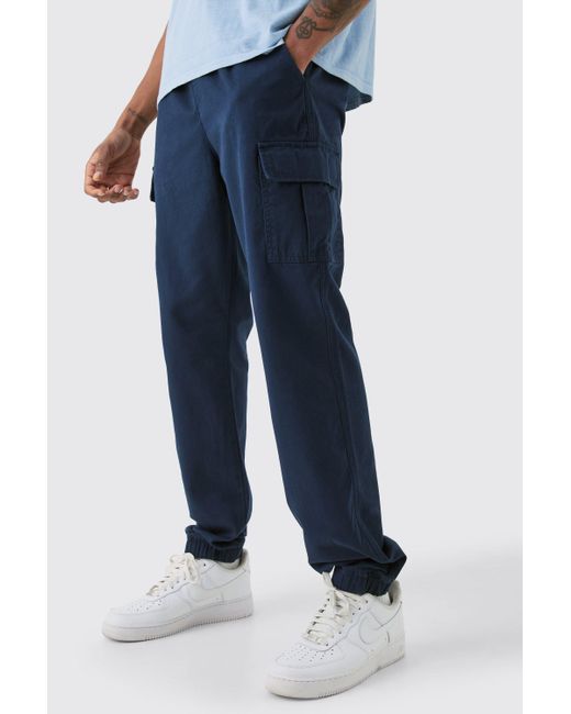 BoohooMAN Blue Tall Elastic Waist Twill Slim Fit Cargo Pants for men