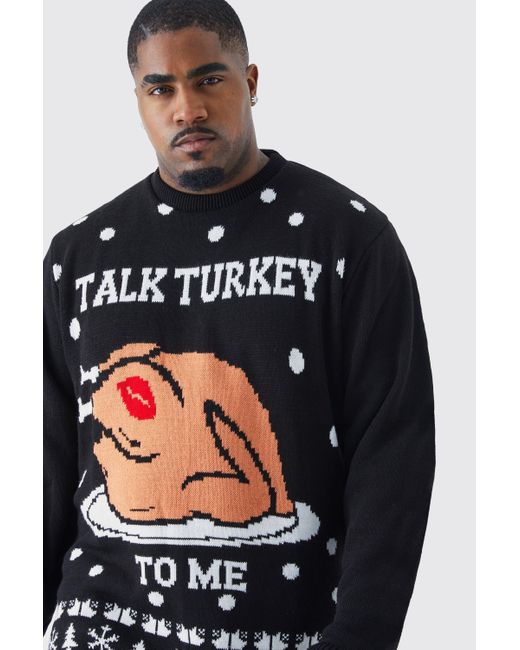 BoohooMAN Black Plus Talk Turkey To Me Christmas Jumper for men