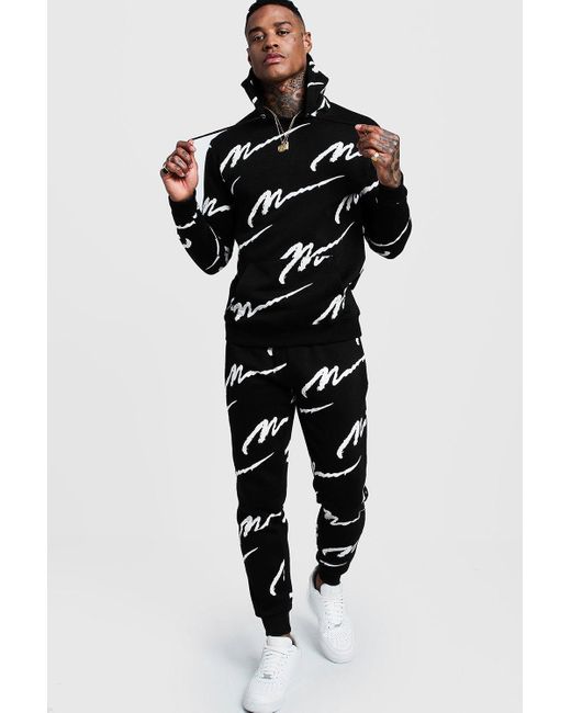 BoohooMAN Black All Over Man Printed Hooded Tracksuit for men