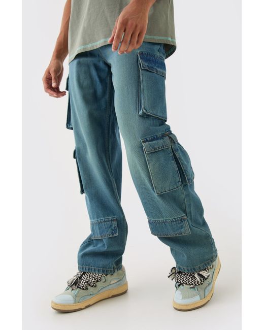 Boohoo Baggy Rigid Multi Cargo Pocket Jeans In Blue