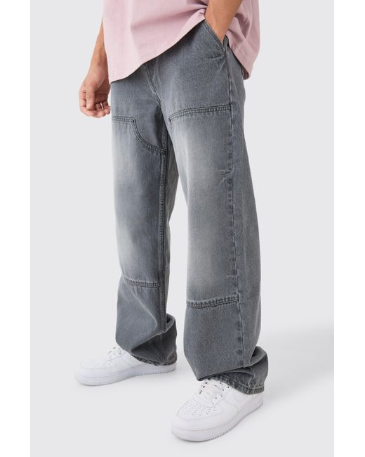 BoohooMAN Gray Baggy Rigid Carpenter Jeans for men
