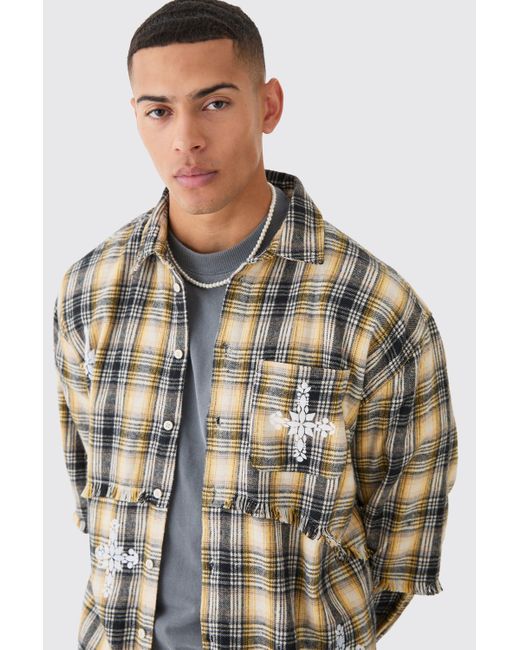 BoohooMAN Yellow Oversized Layered Print Flannel Shirt for men