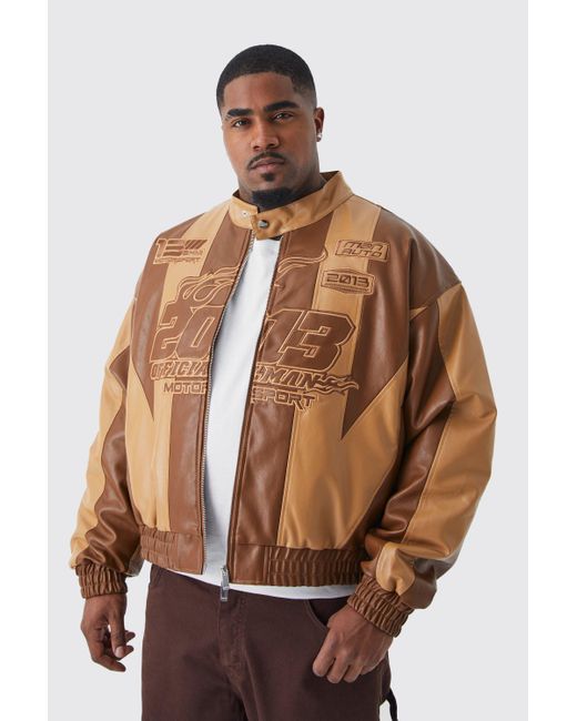 BoohooMAN Brown Plus Boxy Pu Panelled Applique Moto Jacket for men