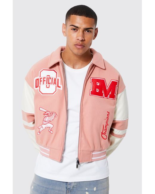 BoohooMAN Boxy Worldwide Melton Varsity Jacket in Red for Men Lyst UK