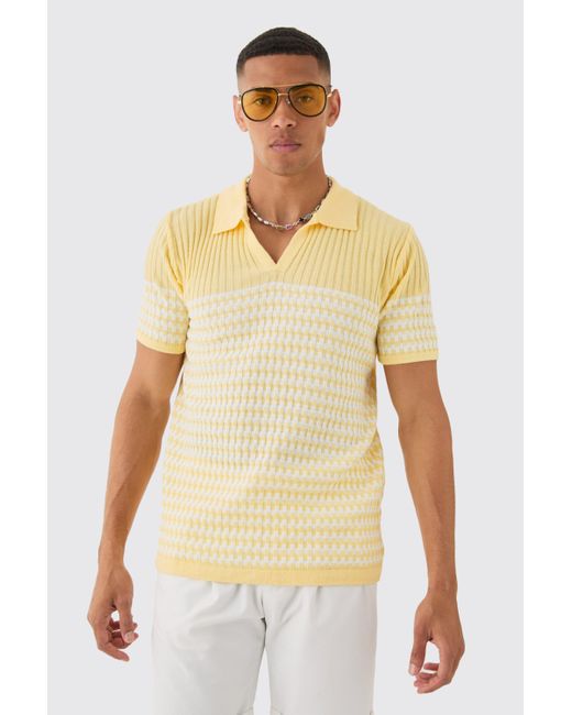 Boohoo Yellow Regular V Neck Stripe Knitted Polo